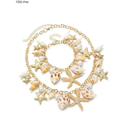 Unisex Nautical Ocean-Themed 2-Piece Alloy Artificial Pearl Jewelry Set - Star Sports Wristbands, Seashell Geometric Necklace, Durable and Refined Appearance, for Everyday Wear, Gifting