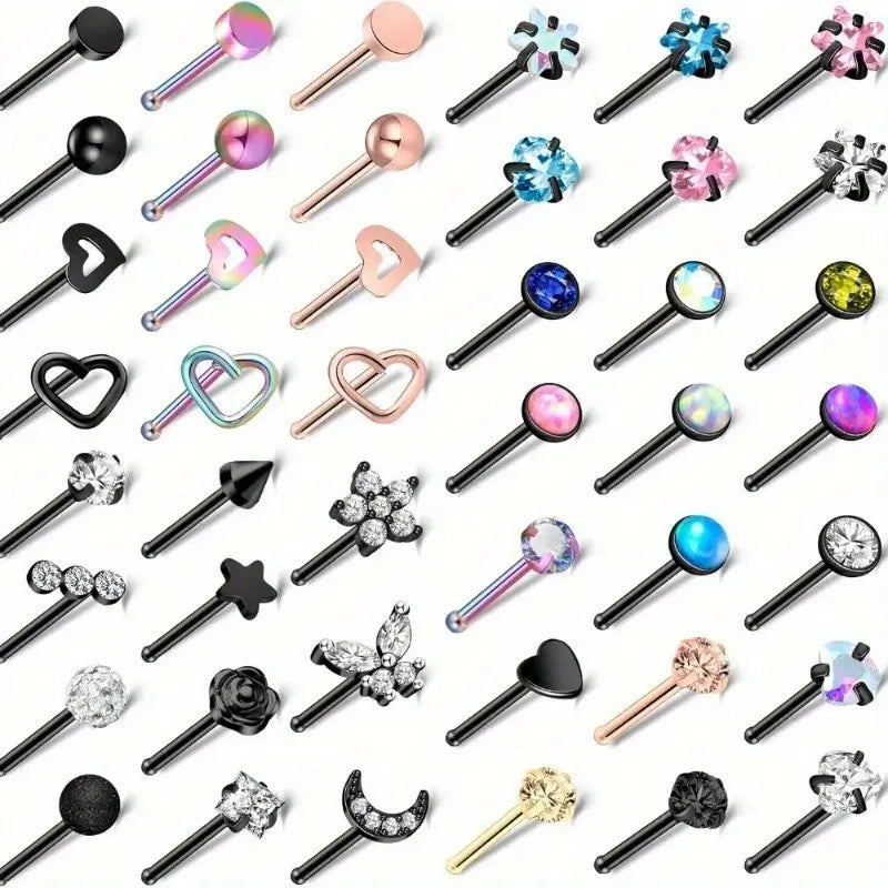 44-Pack 20G Hypoallergenic Rust-Resistant Surgical Stainless Steel Nose Studs Set - Moon, Star, Zirconia Designs, Spiral Nose Rings for Women, Christmas Valentine Stud Piercing Jewelry, Zirconia Piercing Jewelry