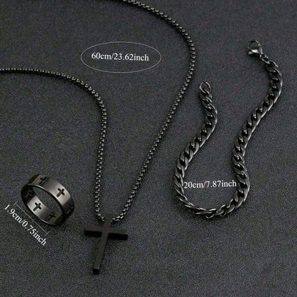 3pcs Teen Fashion Multi-Functional Stainless Steel Jewelry Accessories Set, Trendy Jewelry Set, Cross Necklace Bracelet Ring, Perfect Gift, Jewellery Gift Set, Jewelry for Teens