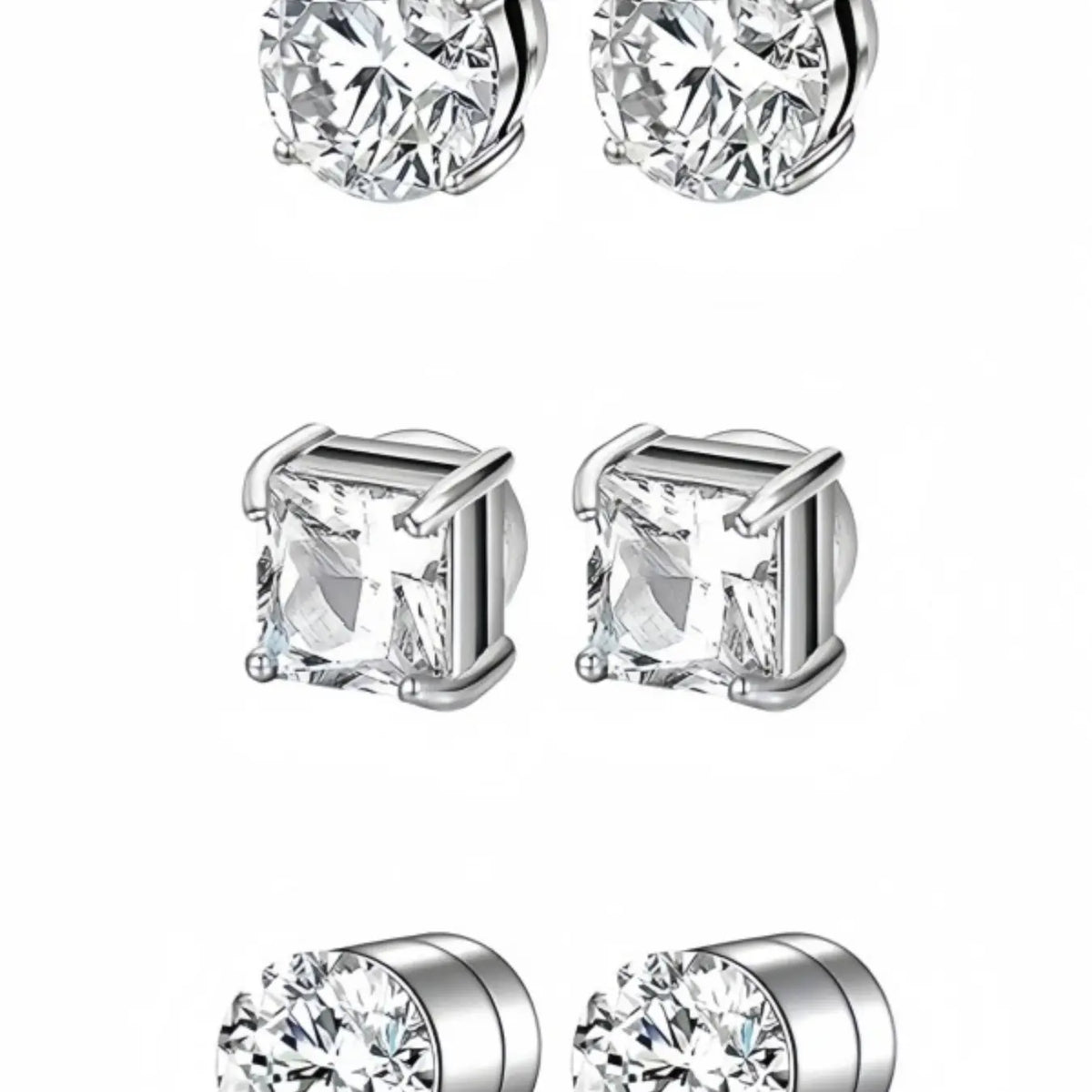 3 Pairs Stainless Steel Round Square Zircon Magnetic Ear Cuffs, Fashion Unisex Non-Piercing Tragus Studs, Jewelry Set for Men and Women, Zircon Stud Earrings, Non Pierced Earrings, Stud Earring Sets