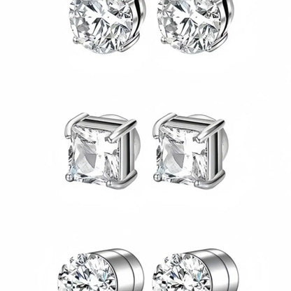 3 Pairs Stainless Steel Round Square Zircon Magnetic Ear Cuffs, Fashion Unisex Non-Piercing Tragus Studs, Jewelry Set for Men and Women, Zircon Stud Earrings, Non Pierced Earrings, Stud Earring Sets