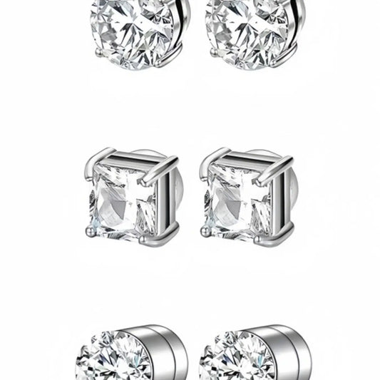 3 Pairs Stainless Steel Round Square Zircon Magnetic Ear Cuffs, Fashion Unisex Non-Piercing Tragus Studs, Jewelry Set for Men and Women, Zircon Stud Earrings, Non Pierced Earrings, Stud Earring Sets