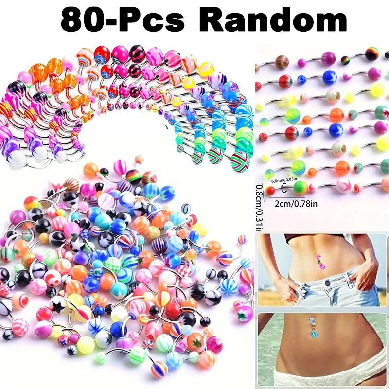 80Pieces Belly Button Rings Bulk Colorful Body Piercing Jewelry Navel Barbell Body Stainless Steel Belly Rings Piercing Jewelry for Women Girls