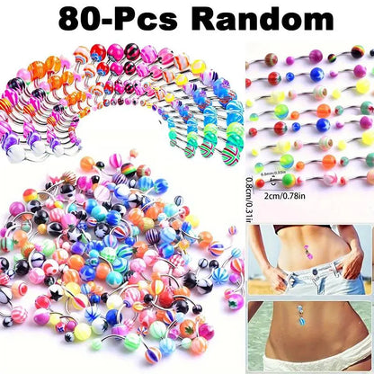 80Pieces Belly Button Rings Bulk Colorful Body Piercing Jewelry Navel Barbell Body Stainless Steel Belly Rings Piercing Jewelry for Women Girls