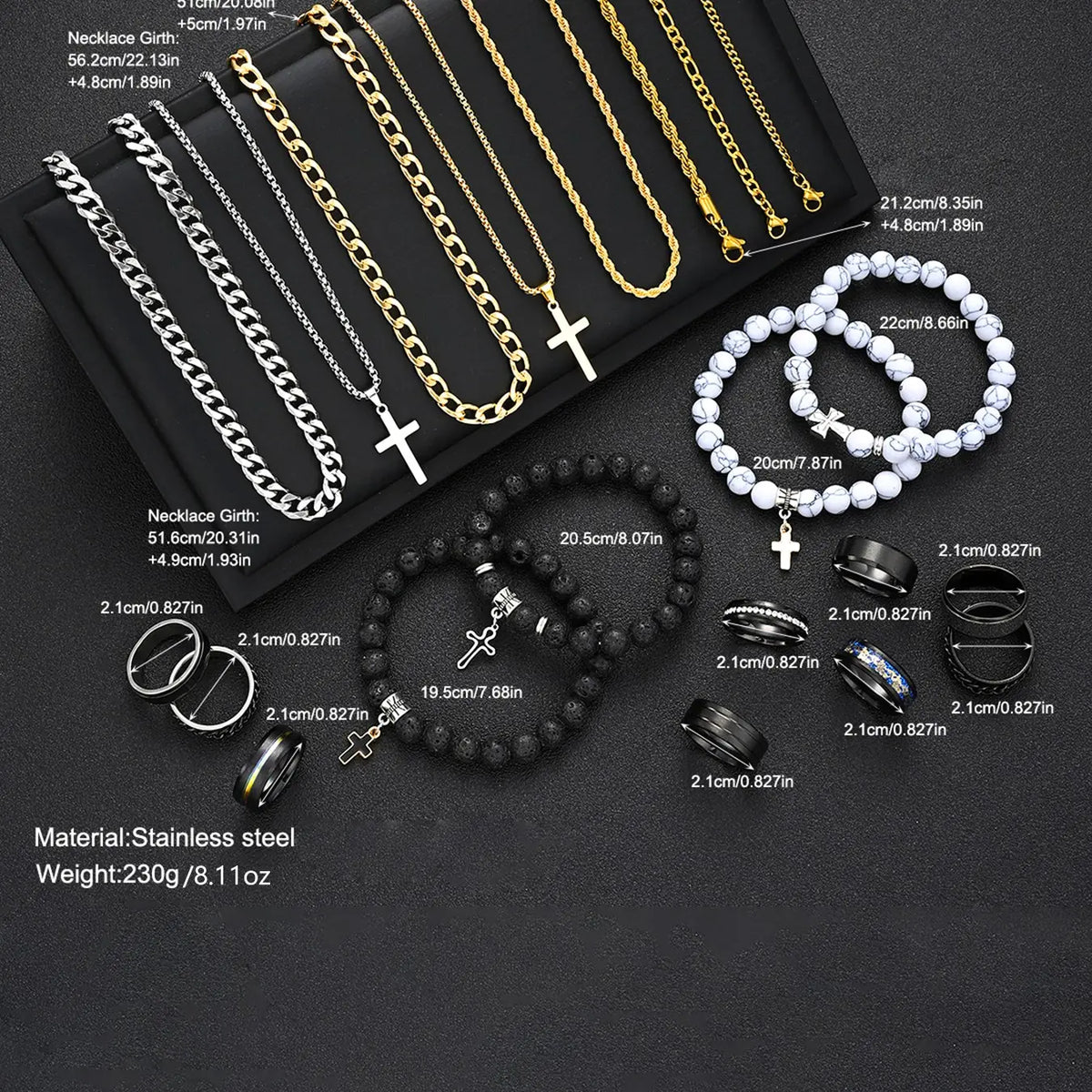 21-Piece Stainless Steel Jewelry Set, Fashionable Jewellery Gift Set, Trendy Jewelry Set, Men's Fashion Casual Punk Cross Pendant Necklace Bracelet Ring Set, Perfect Gift for Father's Day