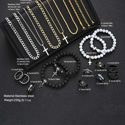 21-Piece Stainless Steel Jewelry Set, Fashionable Jewellery Gift Set, Trendy Jewelry Set, Men's Fashion Casual Punk Cross Pendant Necklace Bracelet Ring Set, Perfect Gift for Father's Day