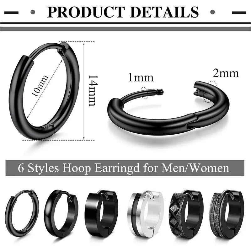 CASSIECA 6Pair Stainless Steel Earrings Set Classic Small Hoops, Helix Piercing Sleepers, Dome, Black Styles, Sleep Safe Jewelry for Men/Women, Men's Accessories Sohochic