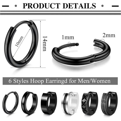 CASSIECA 6Pair Stainless Steel Earrings Set Classic Small Hoops, Helix Piercing Sleepers, Dome, Black Styles, Sleep Safe Jewelry for Men/Women, Men's Accessories Sohochic