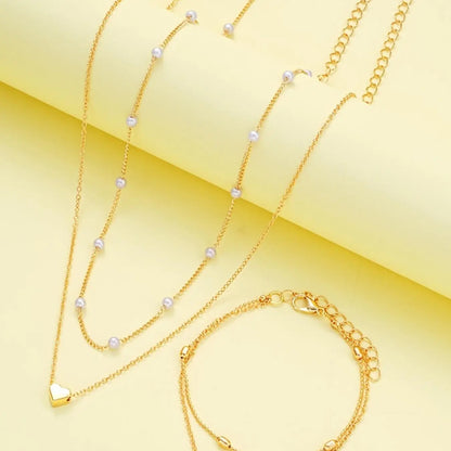 Mother's Day Gift Women's Elegant Faux Pearl Decorated Heart Design Jewelry Set, Trendy Exquisite Necklace & Bracelet, Chic Jewelry Set As Gift for Girlfriend, Fashionable Jewelry Set, Jewellery Gift Set, Heart Shine Set