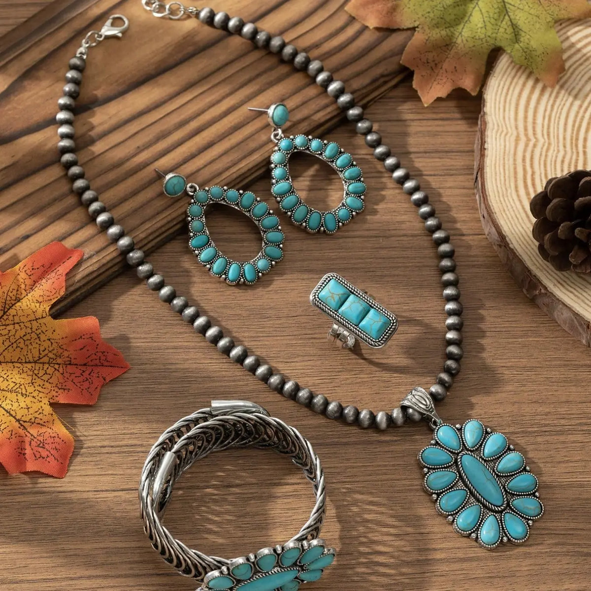 4 Pcs Bohemian Vintage Personalized Waterdrop Geometric Zinc Alloy Turquoise Necklace, Earrings, Bracelet and Ring Set, Elegant Boho Jewelry Set, Suitable for Daily Wear, Party and Holiday Outfits
