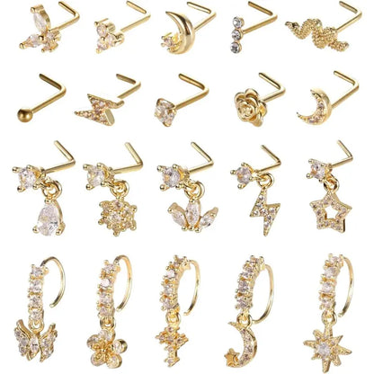 20Pcs 20G Gold Tone Nose Rings Set for Women, Stainless Steel L Shaped Nose Studs & C Shaped Dangle Rings, CZ Butterfly Flower Moon Star Nostril Piercing Jewelry