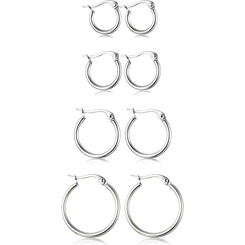 CASSIECA 4Pair Stainless Steel Earring Stack Set Hypoallergenic Gold Plated, Silver, Lightweight Classic Hoop Earrings, 10MM 20MM Huggie Hoops Fashion Jewelry Accessories for Summer Sohochic