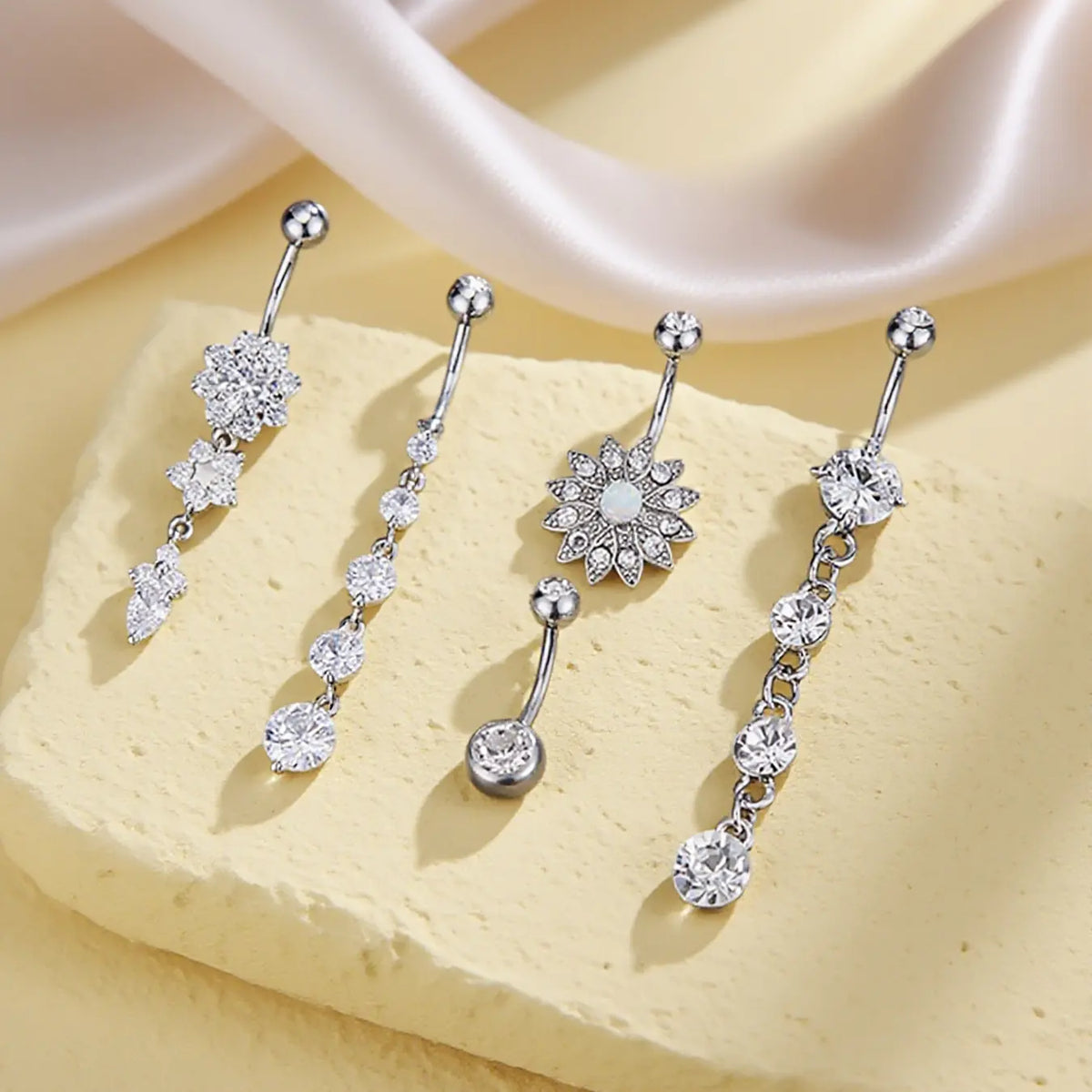 Women's Belly Button Rings Set, Navel Ring, Artificial Zircon Flower Design, Fashion Jewelry for Party & Vacation Wear, Body Piercing Accessories, High Quality Jewelry, Body Jewellery