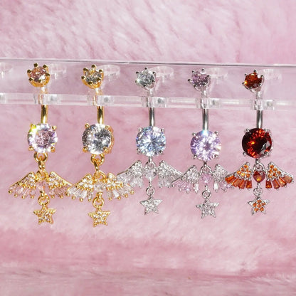 Summer Fashion Unique Design Artificial Zircon Star Wing Pendant Navel Ring, Navel Piercings, Fashion Sweet Style Stainless Steel Belly Button Piercing Jewelry, Belly Button Rings