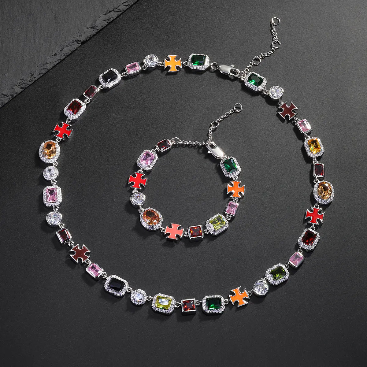 ICED CHICS Unisex Necklace & Bracelet Set (2pcs/set), Trendy Jewelry Set, Fashionable Colorful Zirconia for All Seasons, Cross Accent, Hip Hop Street Style, Perfect Gift
