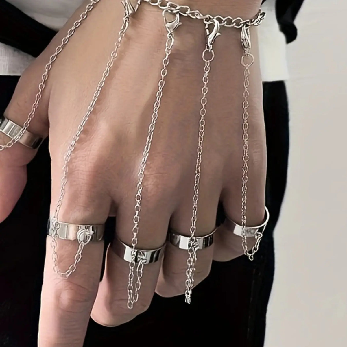 Unisex Fashion Ring Bracelet Set, Adjustable Open Loop Rings with Connecting Chain, Hip Hop Street Style Jewelry, Trendy Jewelry Set, Openwork Ring Sets, Men Jewelry