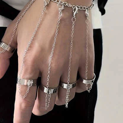 Unisex Fashion Ring Bracelet Set, Adjustable Open Loop Rings with Connecting Chain, Hip Hop Street Style Jewelry, Trendy Jewelry Set, Openwork Ring Sets, Men Jewelry