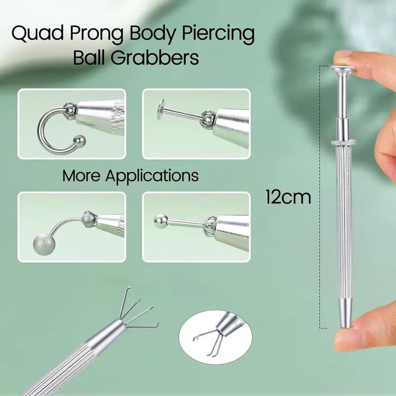 GEMQUEEN Rust-Proof Stainless Steel Piercing Taper Pliers Ball Grabber Piercing Kit - 4.7in Curved/Straight Forceps, 14G/16G/18G Sizes, Acrylic-Safe, Secure Hold, Internal Thread Insertion Pins, for Earlobe Helix Tragus Body Jewelry Adjustment
