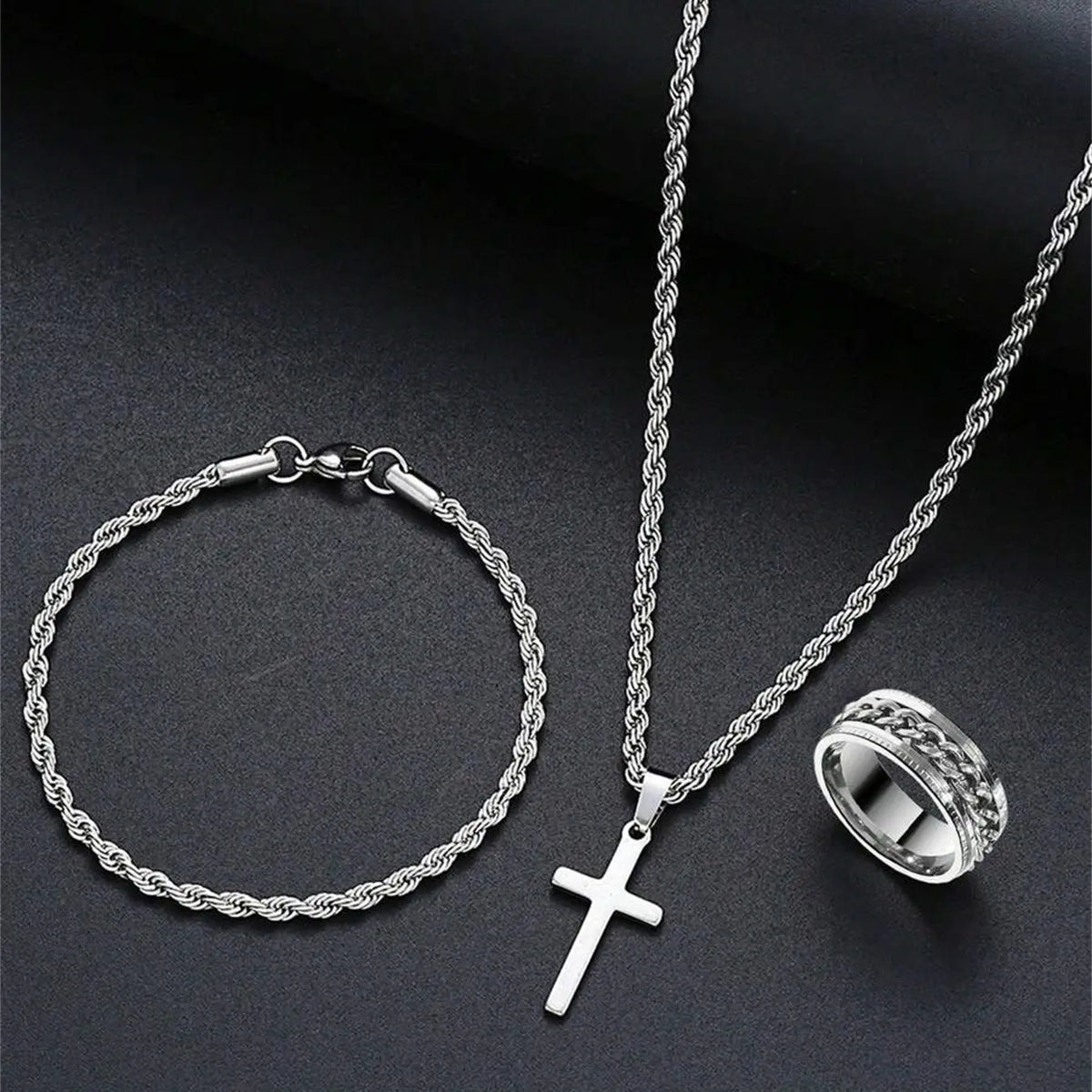 Men's Matching Elegant Western Fashion Jewelry Set with Cross Pendant Necklace, Hollow Chain Bracelet, Ring, Stainless Steel, Hypoallergenic, Perfect Gift, fashionable jewelry set, Necklace and Bracelet Set