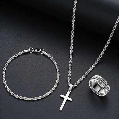 Men's Matching Elegant Western Fashion Jewelry Set with Cross Pendant Necklace, Hollow Chain Bracelet, Ring, Stainless Steel, Hypoallergenic, Perfect Gift, fashionable jewelry set, Necklace and Bracelet Set