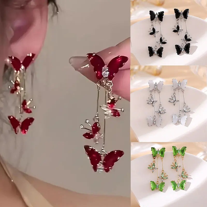 Charm Butterfly Tassel Earrings - Vibrant Women Exquisite Shiny Rhinestone Butterfly Tassel Glitter Dangle Earrings Party, Proms, Music Festivals, And Holiday Wear Accessories