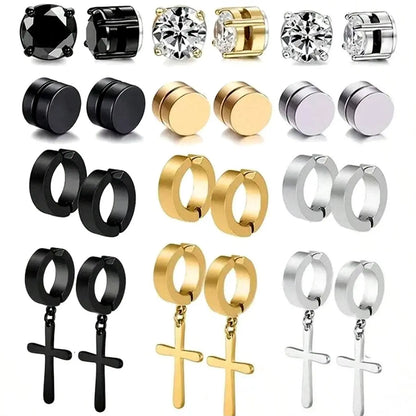 Men's Punk Style Stainless Steel Artificial Zircon Magnetic Earrings, Cross Design Jewelry for Party & Daily Wear, Ideal Gifts, Non-Piercing Earrings, Non Pierced Jewelry, Rhinestone Decorated Bling, Sparkling Ear Jewelry