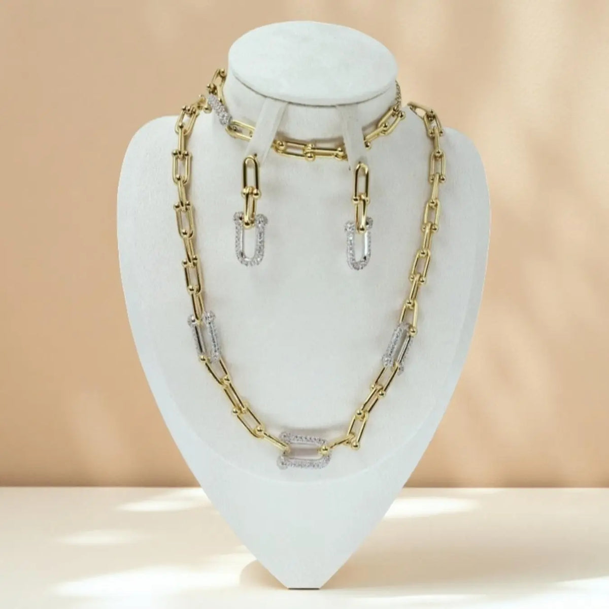 Stainless Steel Jewelry Set with Rhinestones, U-Shaped Clasp Necklace Bracelet Earrings, Casual Style for All Seasons, Elegant Jewelry Set, Fashion Jewelry Set, Jewellery Gift Set, Jewelry Gift Set