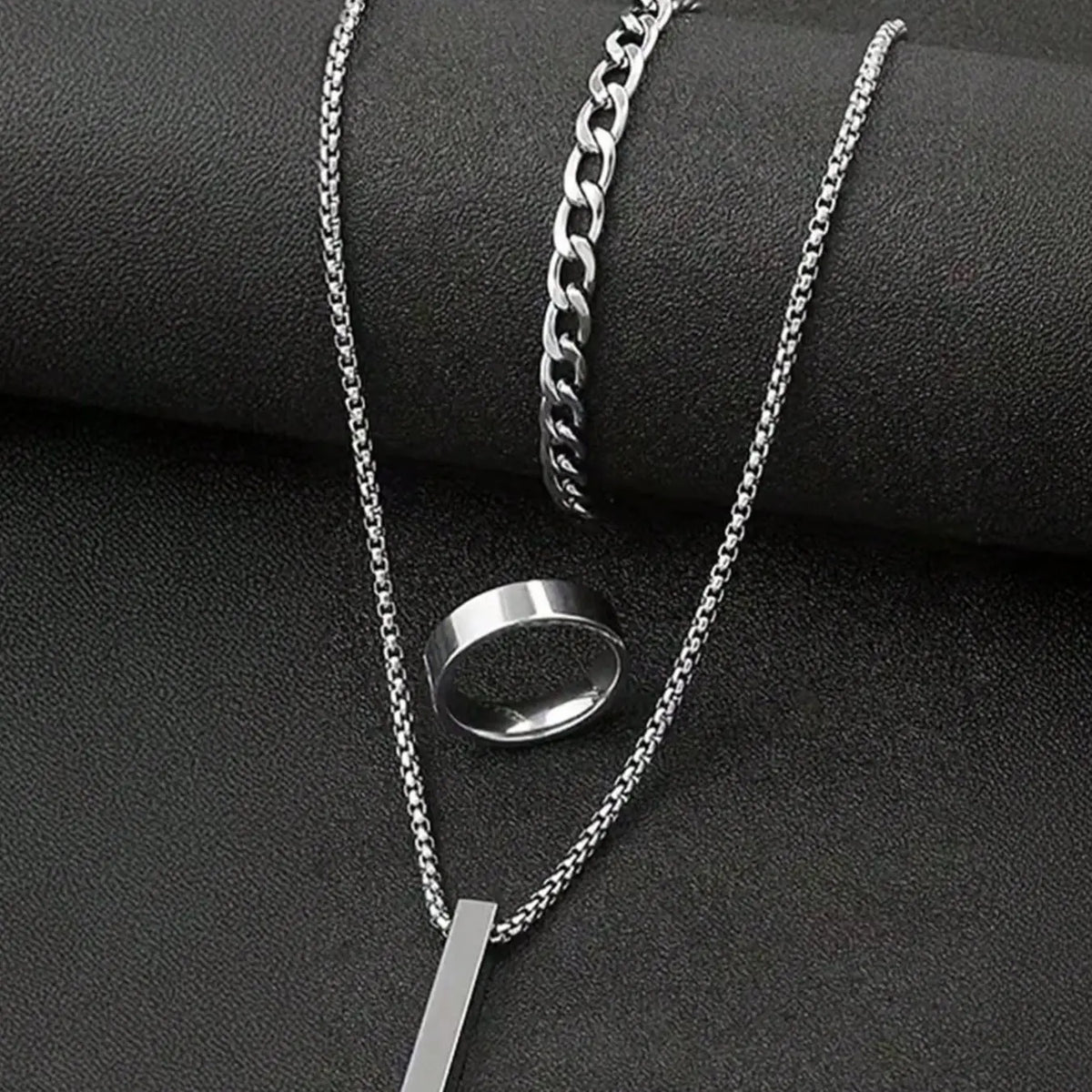 Men's Fashionable Matching Jewelry Set, Silver Color Column Necklace Bracelet Ring, Casual Daily Wear Accessories, 3-Piece Gift Box Included