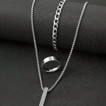 Men's Fashionable Matching Jewelry Set, Silver Color Column Necklace Bracelet Ring, Casual Daily Wear Accessories, 3-Piece Gift Box Included