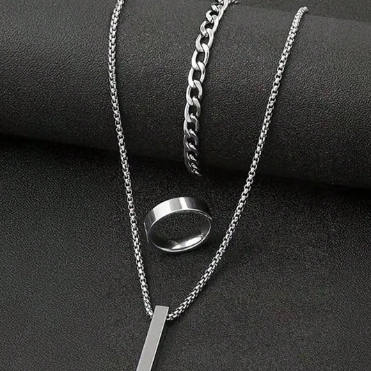 Men's Fashionable Matching Jewelry Set, Silver Color Column Necklace Bracelet Ring, Casual Daily Wear Accessories, 3-Piece Gift Box Included