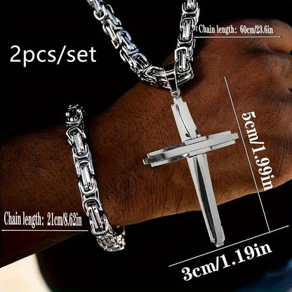2pcs Mens Stainless Steel Silver Jesus Cross Pendant Necklace Chain Bracelet Set Jewelry, High-quality Religious Cross Pendant, Men'S Daily and Gift-giving Accessories, Suitable for All Seasons