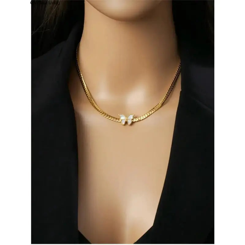 Women's Gold Stainless Steel Butterfly Motif 2-Piece Necklace and Bracelet Set - Golden Jewelry Set with Gold Chain, Durable Steel Sports Wristband, Gift-Ready Gifting Option for DIY Bag Accents