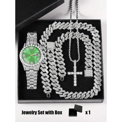 Unisex 3-Piece Punk Jewellery Exquisite Watch Set, Set Includes Rhinestone Shine Cross Pendant Necklace, Adjustable Alloy Bracelet & Exquisite Watch for Everyday Wear