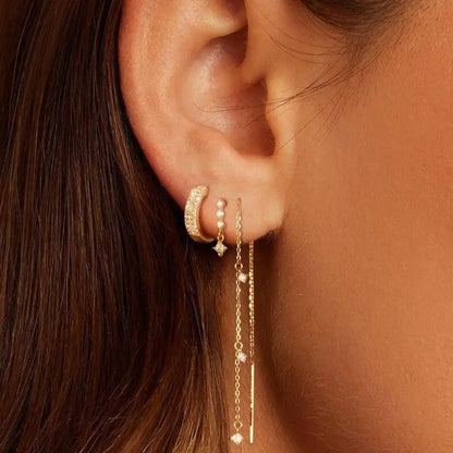 Women's 3-Piece Hypoallergenic Gold Plating Chain Dangle Earrings Set - Non-Tarnish Gold Sparkling Stone Earrings for Ear Stacking, Bling Effect, Daily Elegance, Bridal & Party Wear, Accessories Adults Female