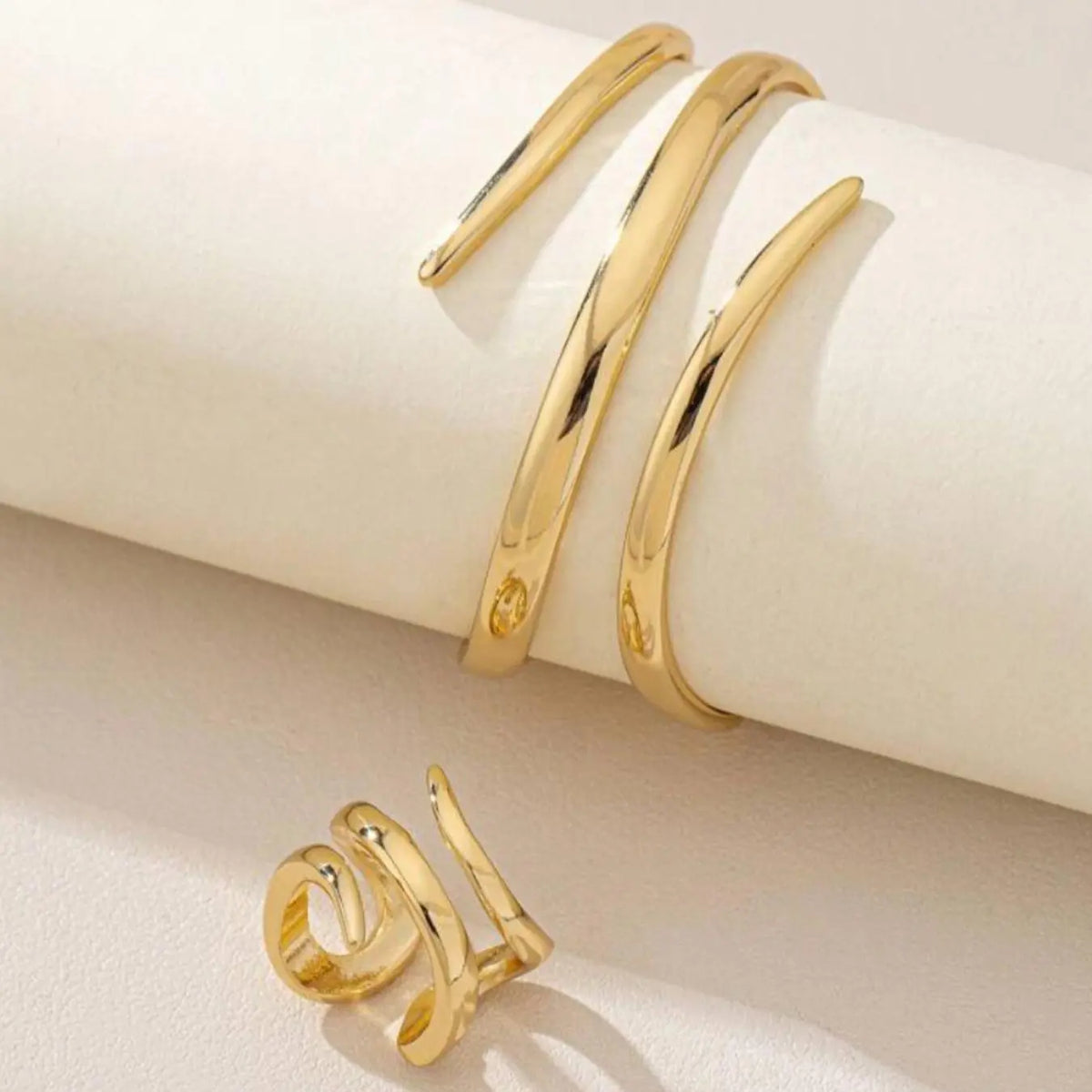 Women's Elegant  Geometric Line Design Cuff Bangle & Ring, Exquisite Trendy Ring & Bangle, Fashionable Matching Jewelry Set for Women As Gift Cuff Bracelet Set Bangles Set