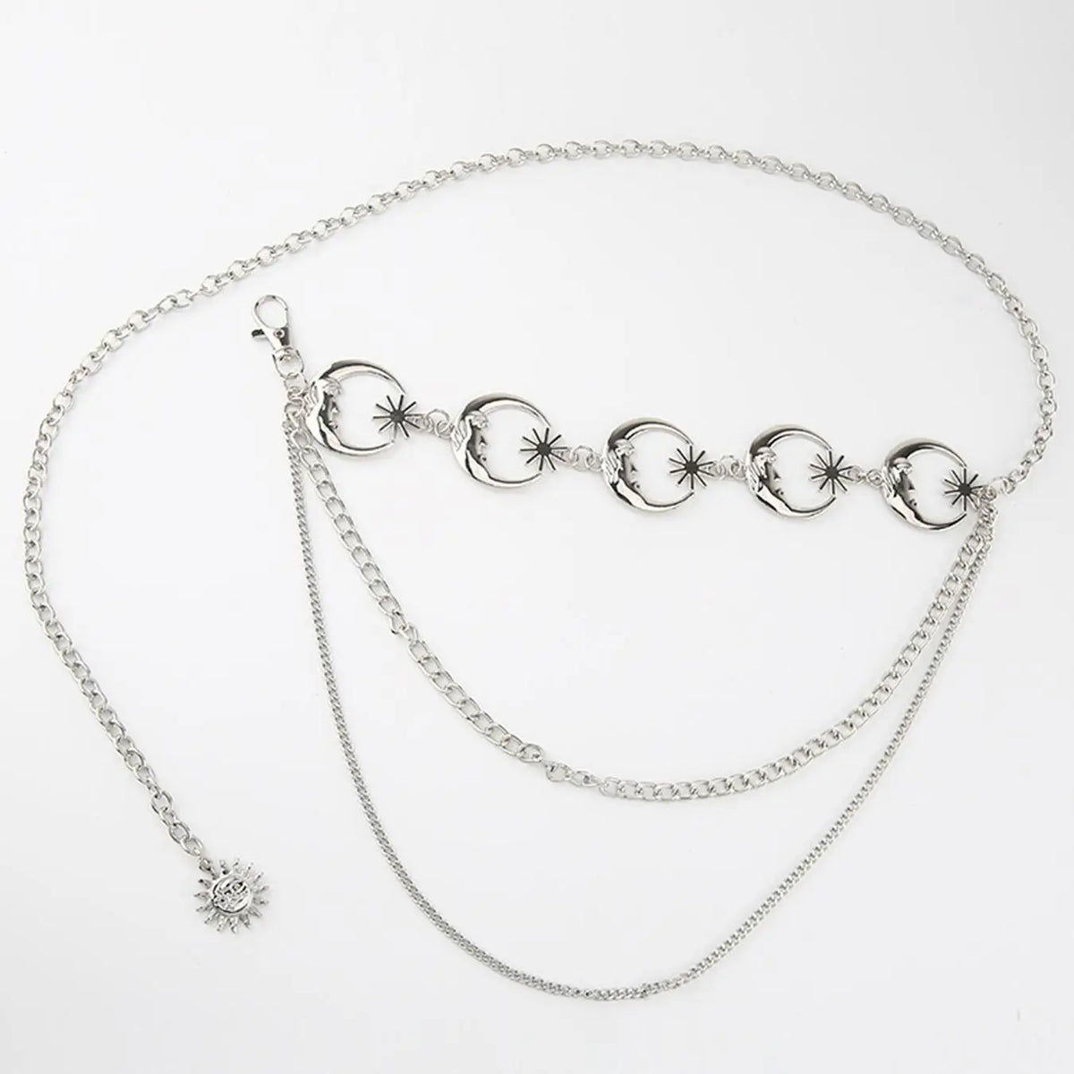Women's Layered Metal Chain Belt, Gold‑Tone or Silver‑Tone Waist Chain with Moon and Sun Charms, Adjustable Decorative Body Jewelry for Dresses, Skirts, Parties, and Festival Outfits