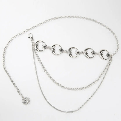 Women's Layered Metal Chain Belt, Gold‑Tone or Silver‑Tone Waist Chain with Moon and Sun Charms, Adjustable Decorative Body Jewelry for Dresses, Skirts, Parties, and Festival Outfits