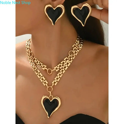 Women's Multi-Layer Heart Fashionable Jewelry Set - Necklaces Set with Heart Pendant, Layered Elegance Earrings for Daily Casual, Party, Mother’s Day Gifting, Chains Set