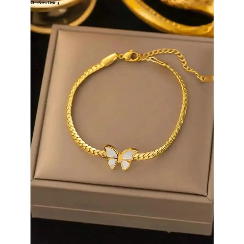 Women's Gold Stainless Steel Butterfly Motif 2-Piece Necklace and Bracelet Set - Golden Jewelry Set with Gold Chain, Durable Steel Sports Wristband, Gift-Ready Gifting Option for DIY Bag Accents