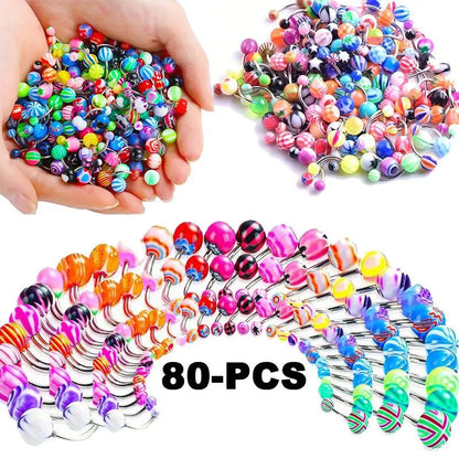 80Pieces Belly Button Rings Bulk Colorful Body Piercing Jewelry Navel Barbell Body Stainless Steel Belly Rings Piercing Jewelry for Women Girls