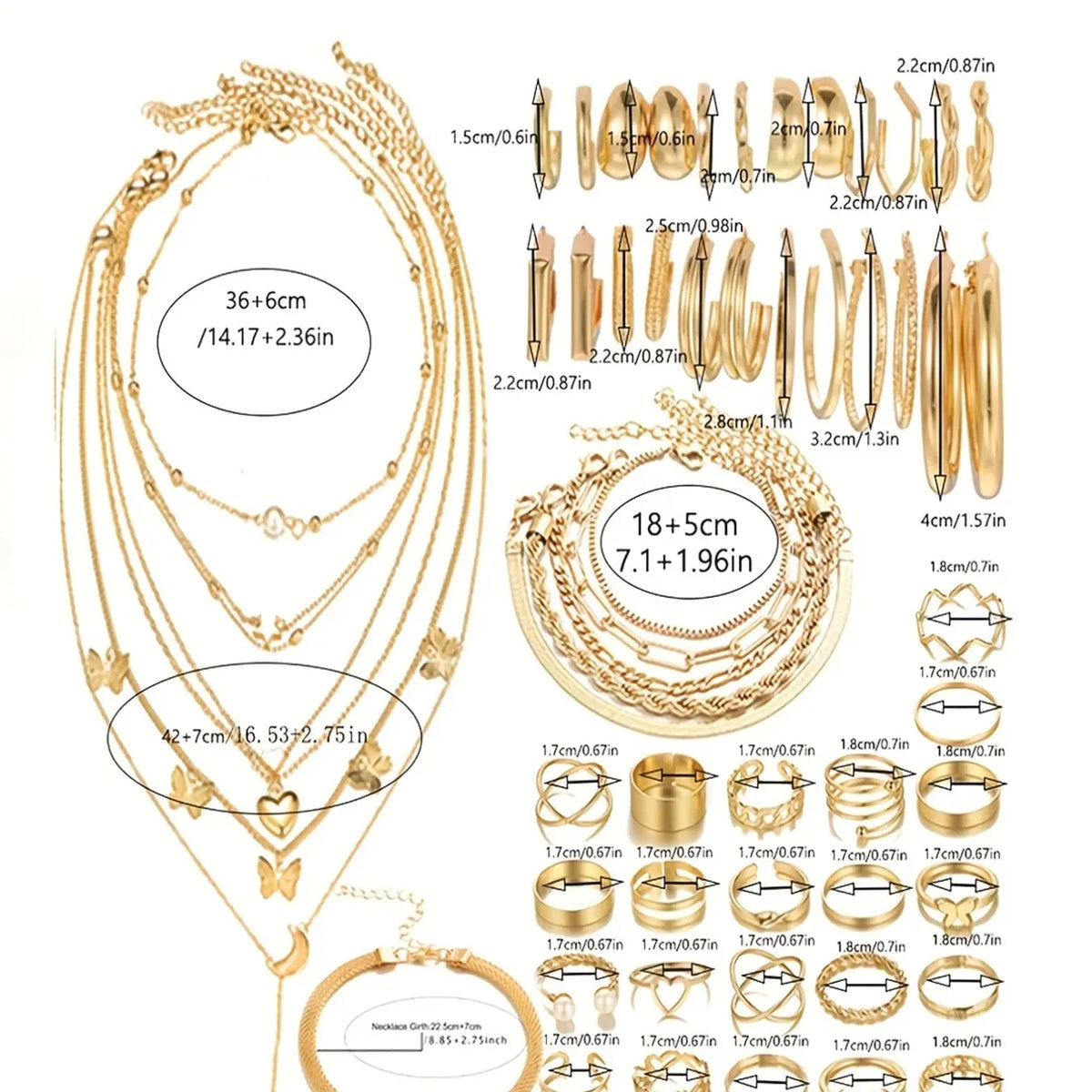 58 Piece Fashion Women's Jewelry Set Heart Butterfly Multi-Layer Necklace Ring Earrings Bracelet Set, Trendy Jewelry Set, Daily Wear, Party Gift, Jewellery Gift Set, Fashionable Jewelry Set
