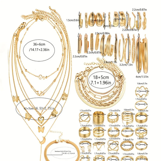 58 Piece Fashion Women's Jewelry Set Heart Butterfly Multi-Layer Necklace Ring Earrings Bracelet Set, Trendy Jewelry Set, Daily Wear, Party Gift, Jewellery Gift Set, Fashionable Jewelry Set