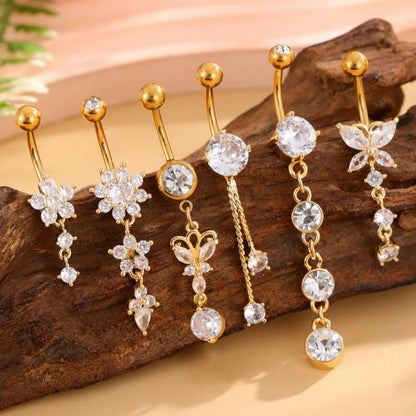 Women's Elegant Butterfly & Flower Design Belly Rings, Stainless Steel Belly Button Rings, Cute Trendy Belly Piercing Jewelry, Navel Piercing Jewelry, Fashion Body Jewelry, Body Jewellery for Party & Daily Decor