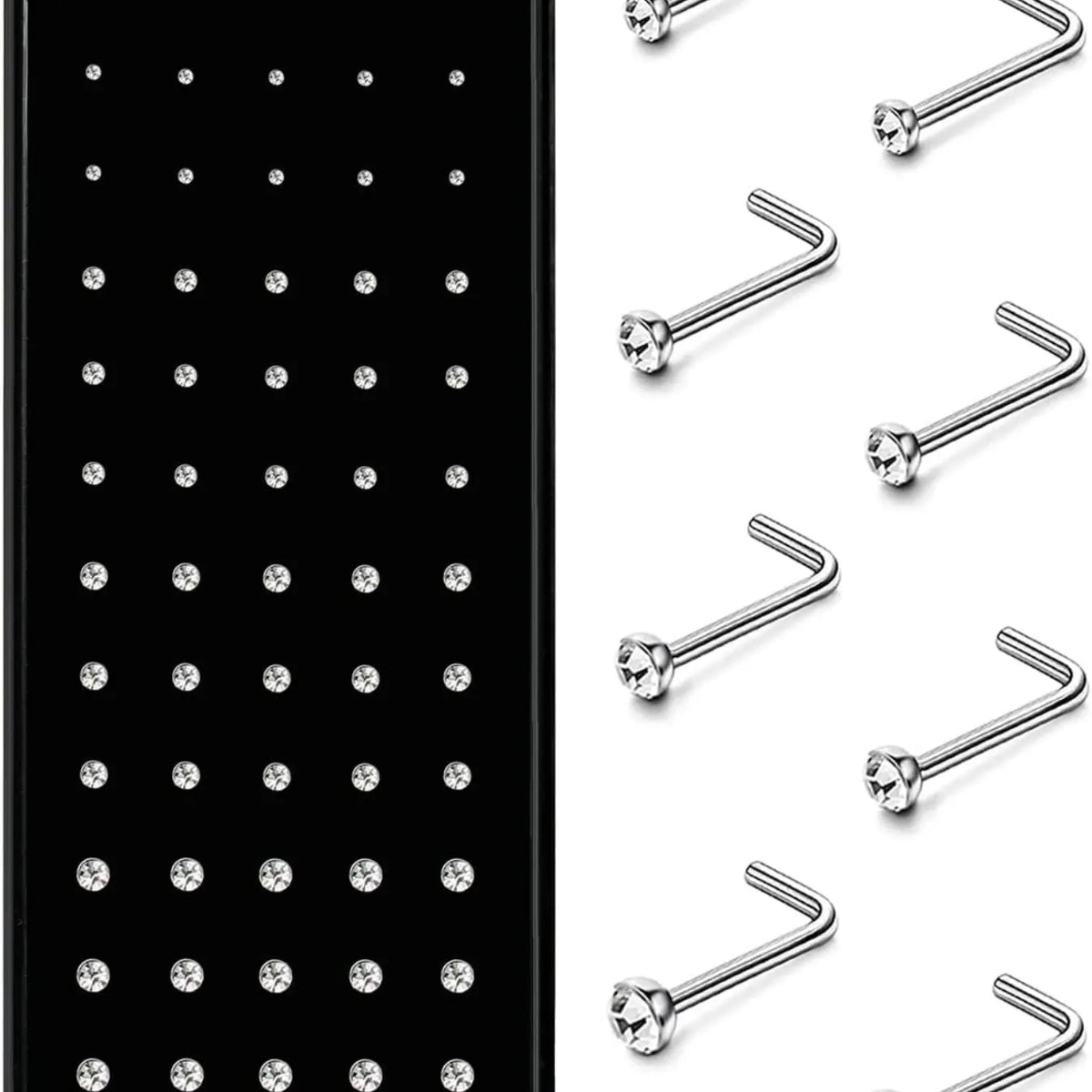 Hypoallergenic Nose Studs Set, 60pcs 316L Stainless Steel & Cz Jewelry, Nose Piercing Jewelry, Body Jewelry, L-Shaped Nose Rings, Sizes 20g-22g, Multiple Gauges Available, Body Jewellery