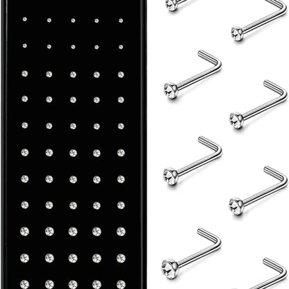 Hypoallergenic Nose Studs Set, 60pcs 316L Stainless Steel & Cz Jewelry, Nose Piercing Jewelry, Body Jewelry, L-Shaped Nose Rings, Sizes 20g-22g, Multiple Gauges Available, Body Jewellery