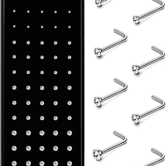 Hypoallergenic Nose Studs Set, 60pcs 316L Stainless Steel & Cz Jewelry, Nose Piercing Jewelry, Body Jewelry, L-Shaped Nose Rings, Sizes 20g-22g, Multiple Gauges Available, Body Jewellery