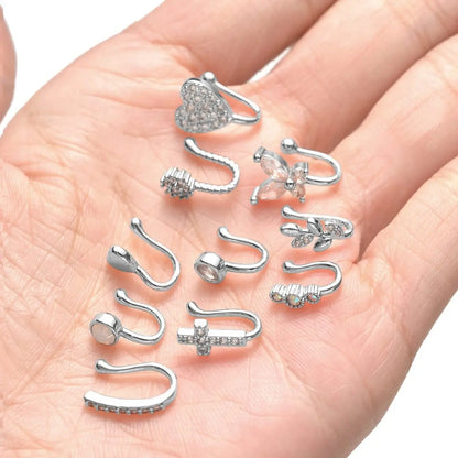 16Pcs African Faux Nose Cuff Non Piercing Inlaid Cubic Zirconia Clip on Nose Ring Star flower Leaf Heart Shape Nose Ring Fake Nose Cuff for Women Silver Gold Rose Gold Ton Nose Jewelry