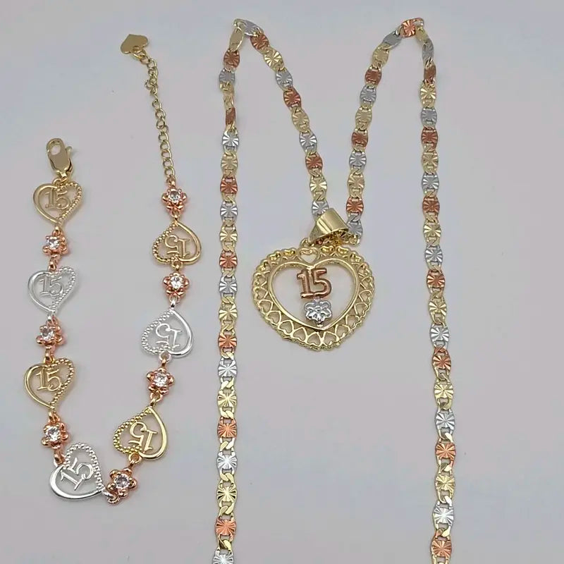 15th Year's Beautiful Heart & Flowers Necklace 20 Inches Gold-Plated Bracelet Set in Three Colors Jewelry Gift