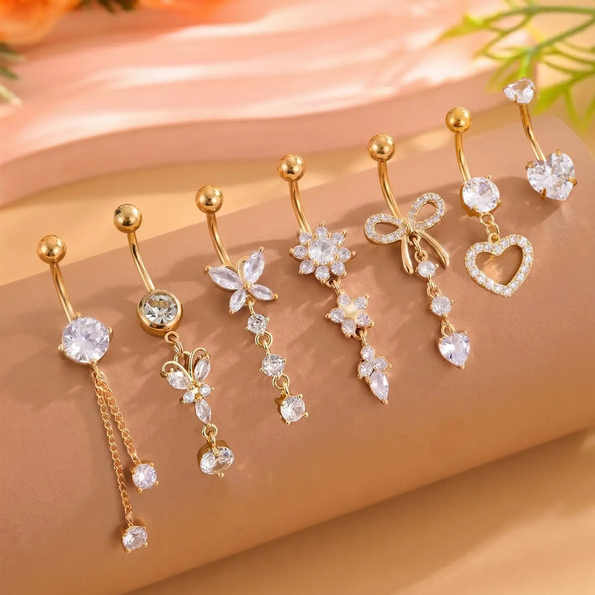Women's Elegant Butterfly & Flower Design Belly Rings, Stainless Steel Sparkling Zircon Inlay Belly Button Rings, Navel Ring, Cute Trendy Belly Piercing Jewelry, Fashion Artificial Zircon Body Jewelry for Party & Daily Wear