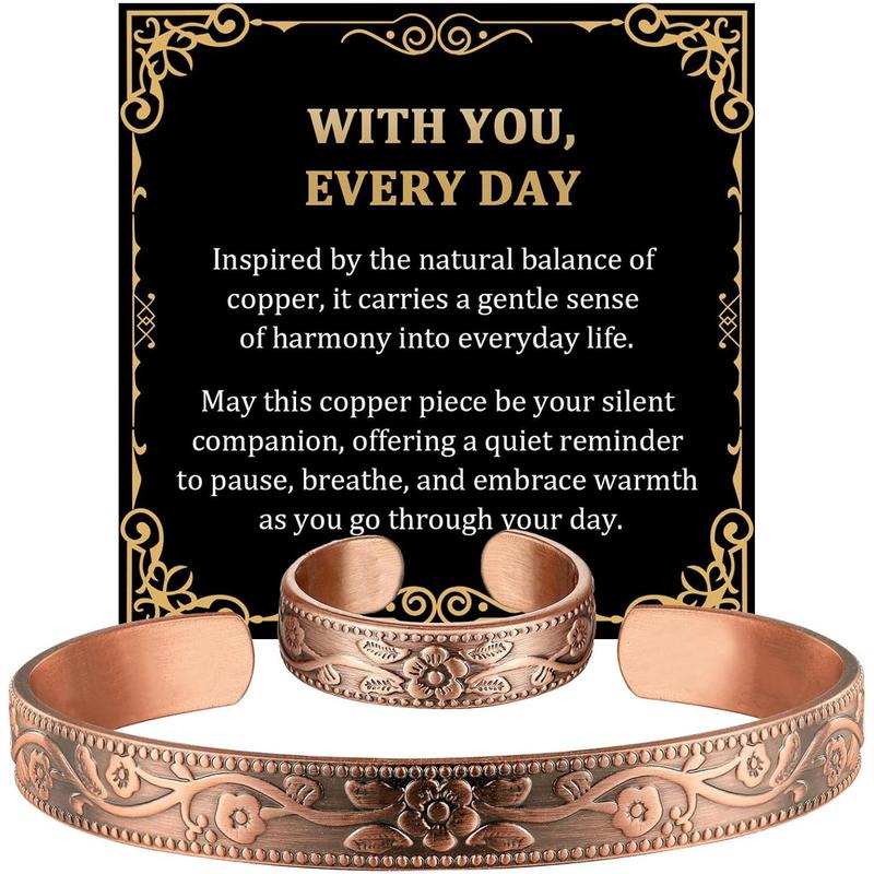 Pure Copper Bracelet & Ring for Women Men, 99.99% Solid  Copper Cuff Bangle, Adjustable   with  Box